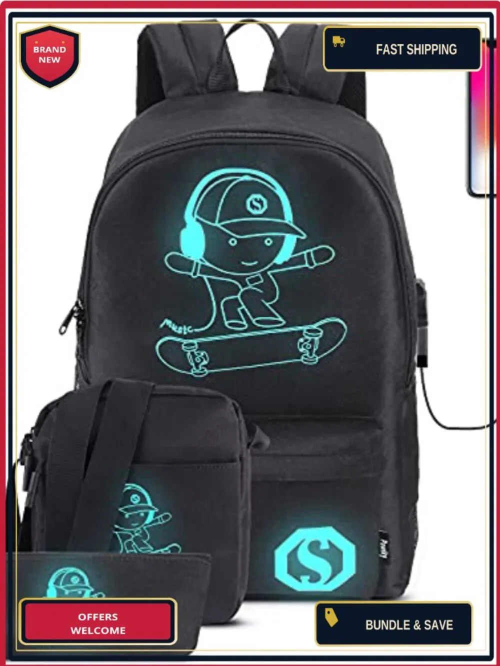 Anime Luminous School Backpack with USB Port, Anti-Theft Lock, Sling Bag &